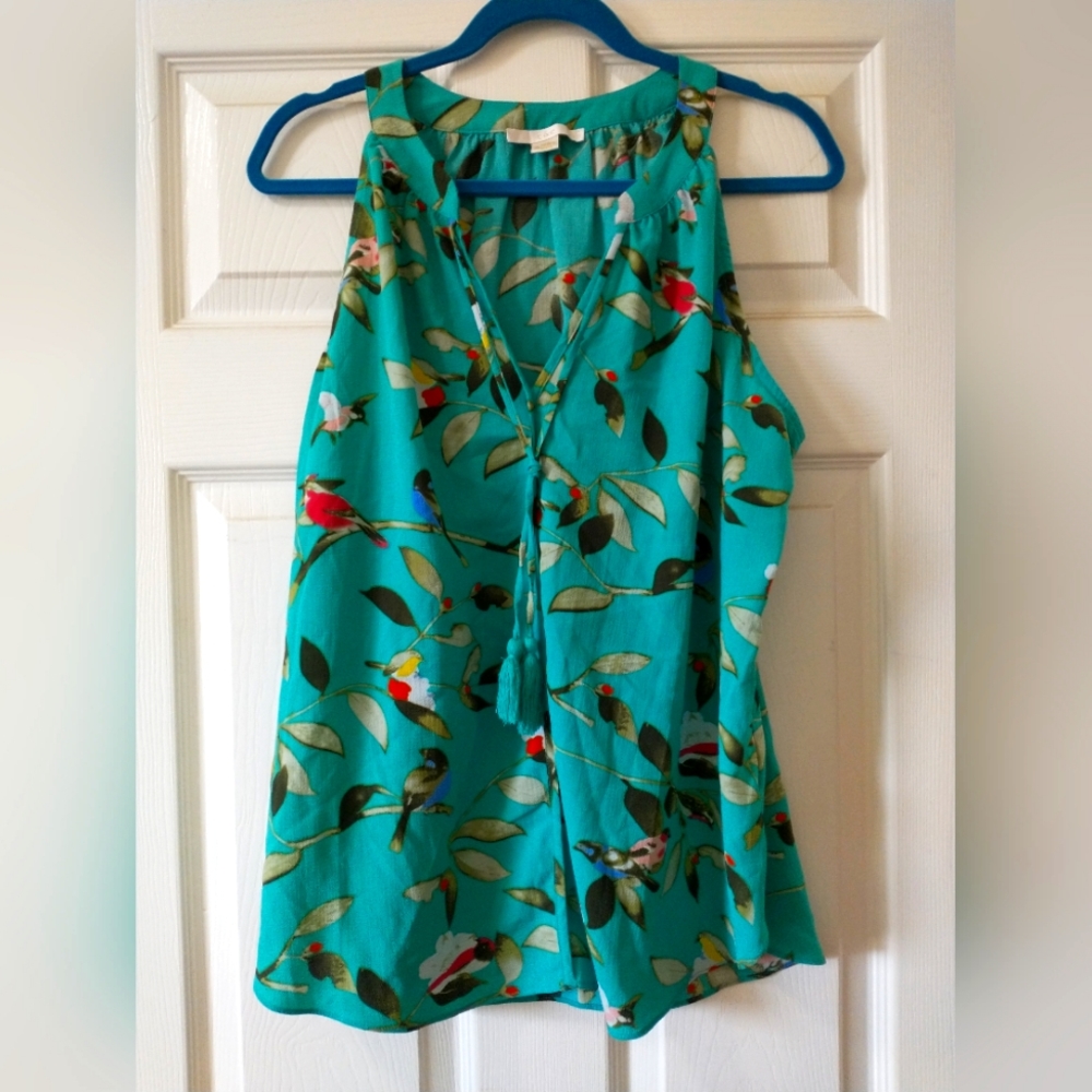 c&e XL Turquoise with Bird Print Sleeveless Top
